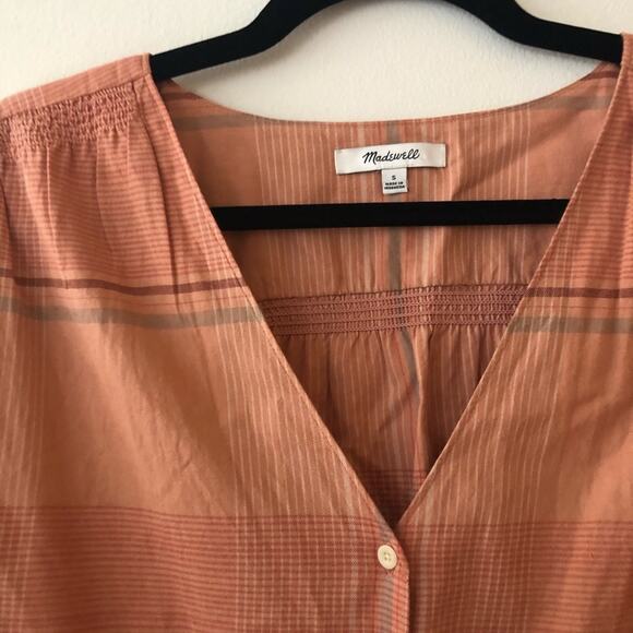 Madewell Morningview Tie-Sleeve Peach Plaid Button-Front Blouse - Picture 4 of 6
